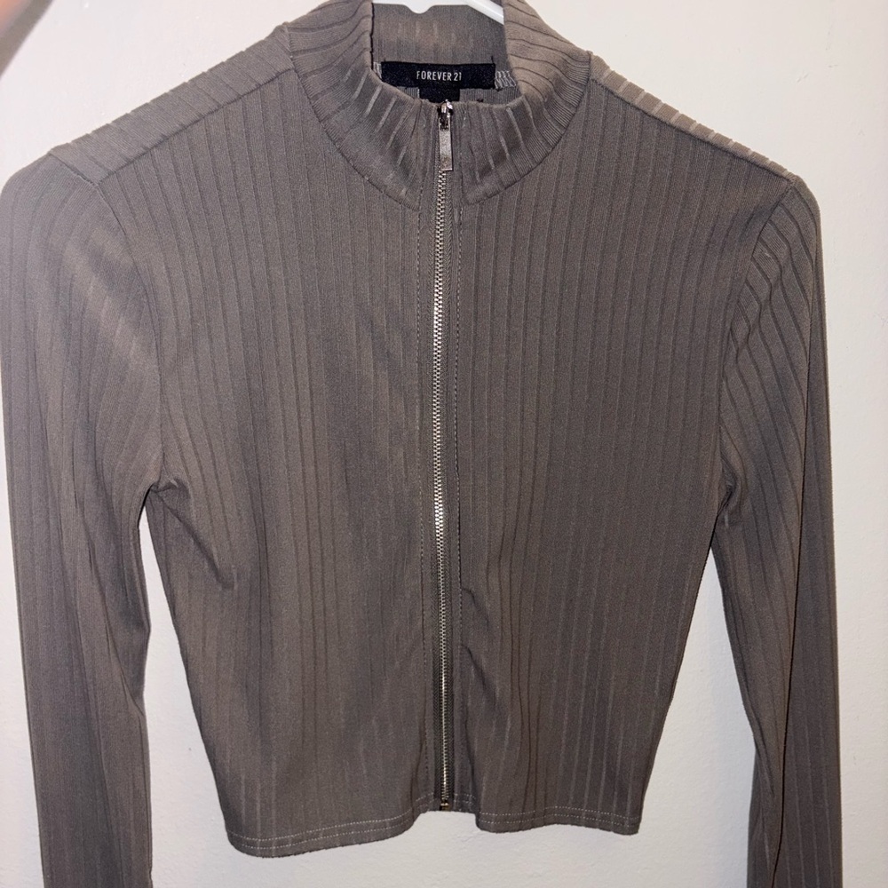 Forever 21 Ribbed Taupe Zip-Up Bodysuit
